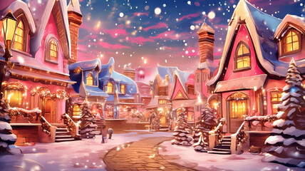 Obraz premium Christmas Harmony in a Joyful Cartoon Wonderland with Glittering Trees, Cheerful Decorations, and Enchanting Details, Illuminating a Festive Village in Delightful Blue and Pink Hues