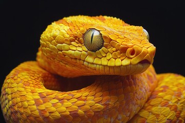 Obraz premium A bright yellow snake with a sharp gaze. This photo is perfect for illustrating articles on snakes, nature, or danger.