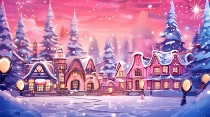 Fototapeta premium Christmas Harmony in a Joyful Cartoon Wonderland with Glittering Trees, Cheerful Decorations, and Enchanting Details, Illuminating a Festive Village in Delightful Blue and Pink Hues