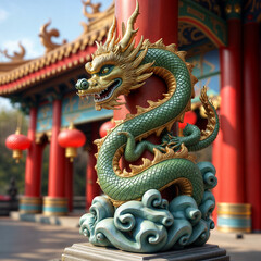 Fototapeta premium Statue of a dragon with a golden body and red and gold scales, standing on a pedestal with red pillars and a gold roof.