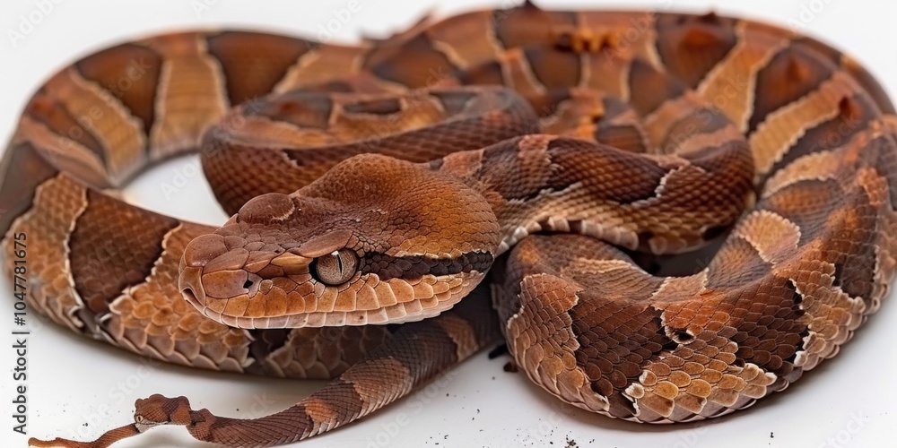 Poster gaboon viper is coiled and isolated on a white background emphasizing its striking cryptic pattern u
