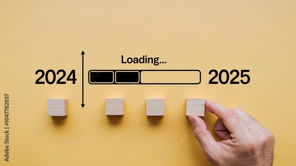 Aufkleber progress loading indicator from 2024 to 2025 on vibrant yellow background.