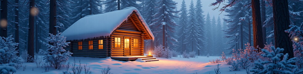 Cozy cabin in snowy winter forest at dusk