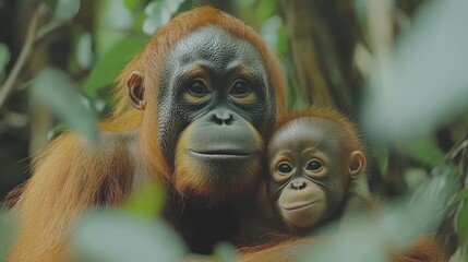 Fototapeta premium A mother orangutan cradles her baby in the lush green rainforest.