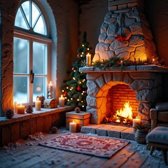 Cozy Christmas fireplace with tree and snowy window view
