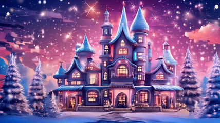 Fototapeta premium Christmas Harmony in a Joyful Cartoon Wonderland with Glittering Trees, Cheerful Decorations, and Enchanting Details, Illuminating a Festive Village in Delightful Blue and Pink Hues