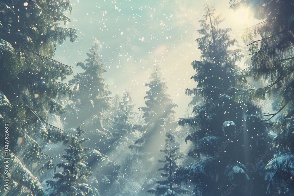 Poster the peaceful forest is blanketed in snow, with towering pine trees standing tall while soft rays of 