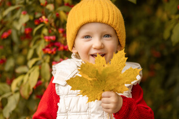 A cheerful child in autumn attire holding a large yellow leaf while standing in a colorful garden...