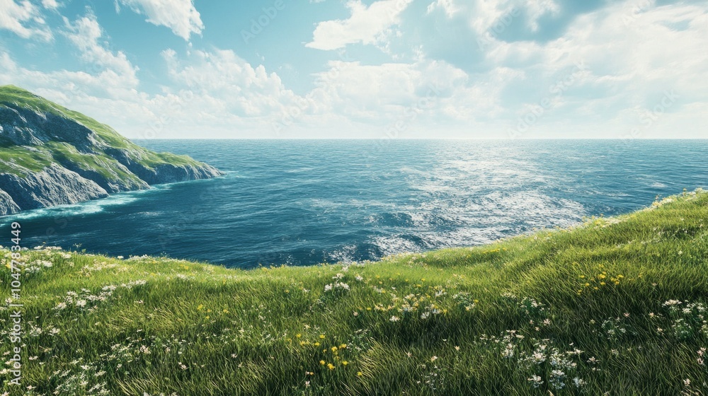 Poster a beautiful ocean view with a green hill in the background