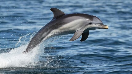 A striped dolphin leaps out of the water, its sleek body glistening in the sun.