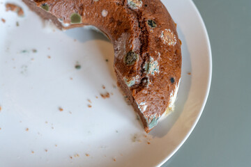 Half of a chocolate cake developed mold on the surface
