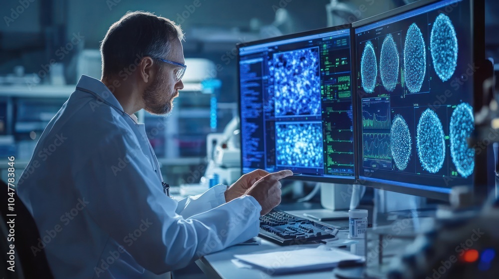Aufkleber a scientist in a lab coat studies brain scans on two computer monitors.