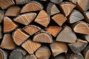 Fototapeta premium Stacked firewood, perfect for winter. This photo is perfect for representing warmth, comfort, and the cozy feeling of winter.