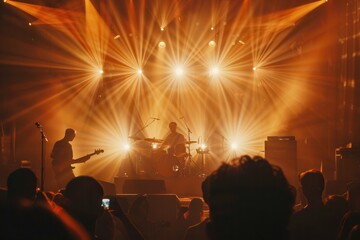 Musicians perform on stage as bright lights illuminate the venue, engaging a lively audience...