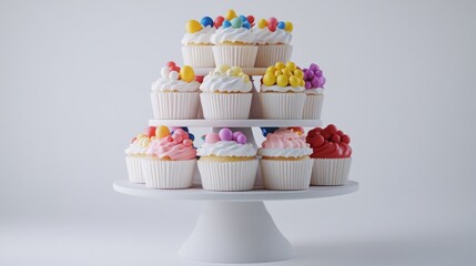 A tiered cupcake stand filled with colorful, decorated cupcakes.