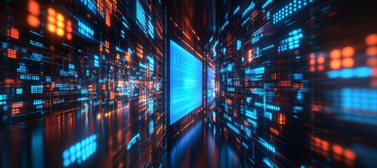 Futuristic Server Room. Glowing Network With Random Binary Code. Information Flow In Cyberspace