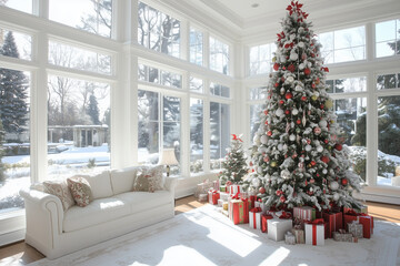 Large Christmas Tree in Bright Winter Livingroom Mockup