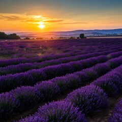 Obraz premium Rolling hills covered in vibrant lavender fields at sunrise