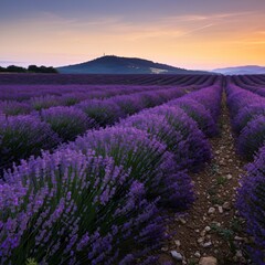 Obraz premium Rolling hills covered in vibrant lavender fields at sunrise