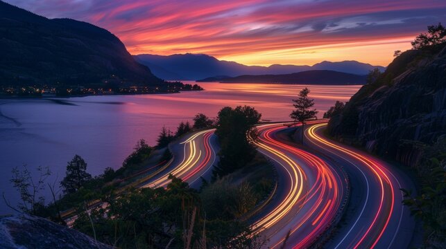 Fototapeta As the sun sets on the horizon the roads along the lake become a canvas for swirling car light trails.