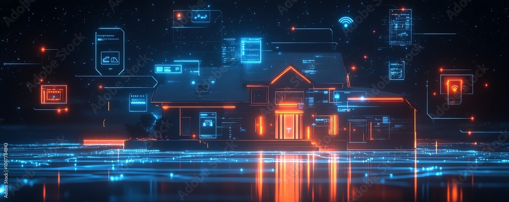 Poster A futuristic smart home network with a house circuit linked to IoT icons, demonstrating remote control and monitoring functions