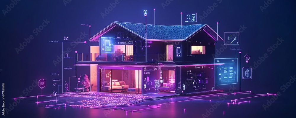 Poster A futuristic smart home network with a house circuit linked to IoT icons, demonstrating remote control and monitoring functions