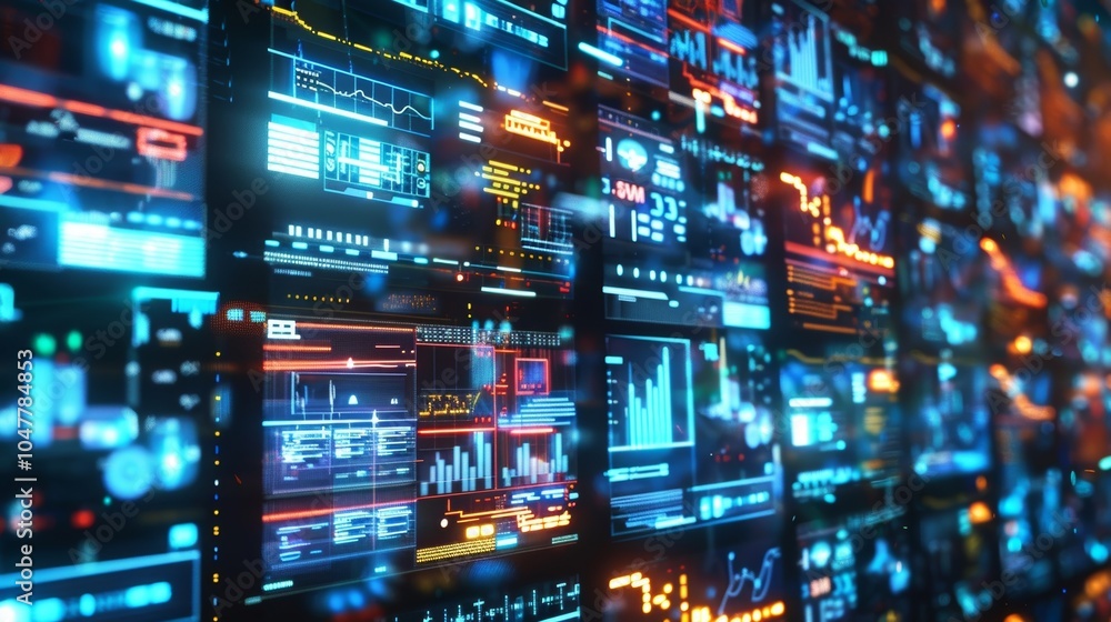 Aufkleber multiple digital displays show charts and graphs in a high tech control room, with bright visuals ag