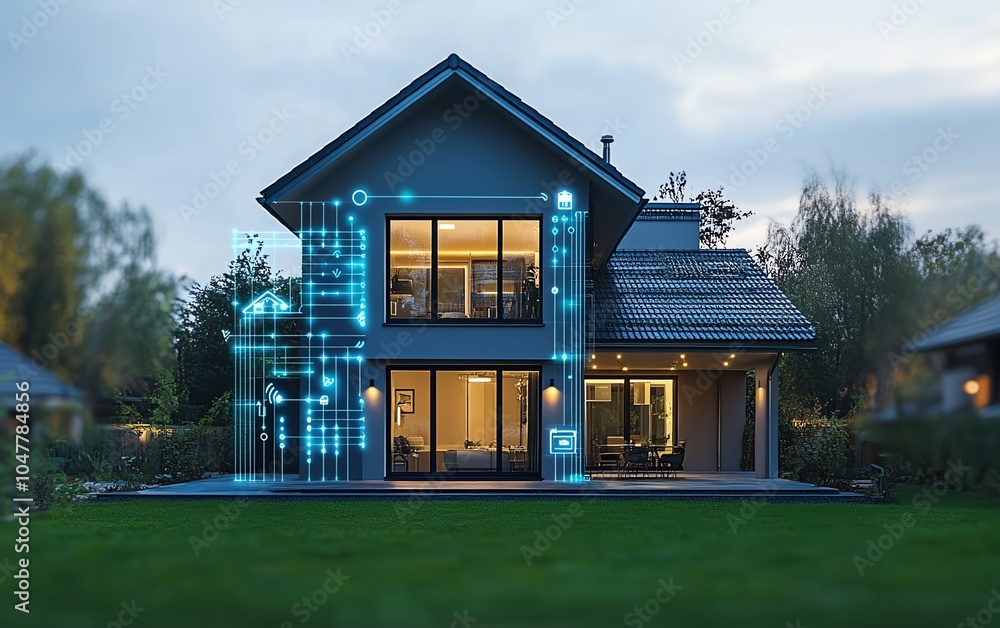 Poster A sleek smart home circuit design, connected to IoT function icons for security, energy, and automation via digital network
