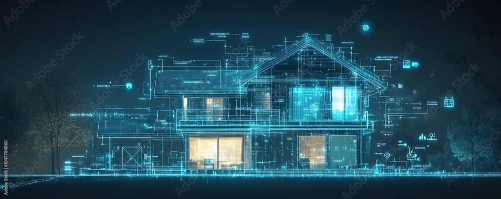 Aufkleber A futuristic smart home network with a house circuit linked to IoT icons, demonstrating remote control and monitoring functions