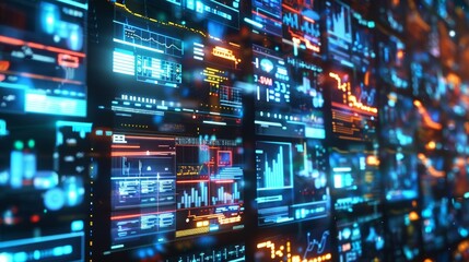 Multiple digital displays show charts and graphs in a high tech control room, with bright visuals against a dark background