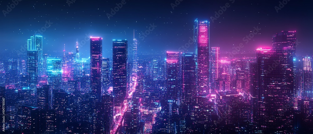 Poster graphical illustration of a smart city with interconnected buildings, powered by iot and ai for ener