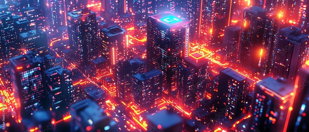 Poster graphical illustration of a smart city with interconnected buildings, powered by iot and ai for ener