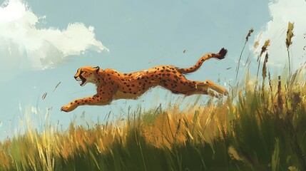 A cheetah leaps over tall grass in a burst of speed.