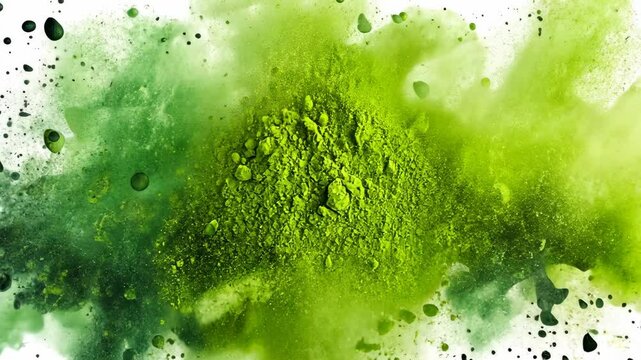 A close-up of green powder, likely matcha, on a white background