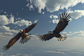 Obraz premium Two majestic bald eagles soar gracefully in a bright blue sky, showcasing their impressive wingspans and striking features.