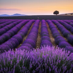Obraz premium Rolling hills covered in vibrant lavender fields at sunrise