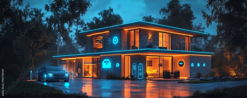Poster IoTenabled smart home with a network of function icons for security, lighting, and monitoring, connected through advanced circuitry