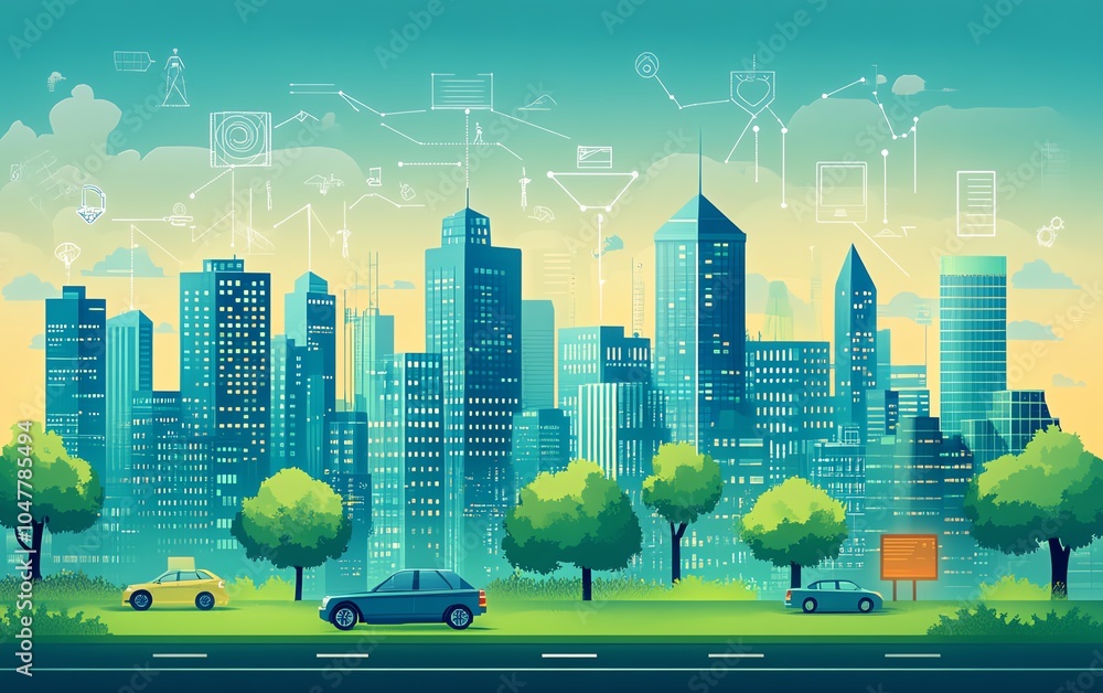 Aufkleber Modern city skyline featuring smart buildings connected via IoT and AI technology, optimizing energy, traffic, and urban resource management