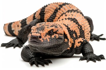 striking Gila Monster rests calmly highlighting its unique black and orange patterned scales. The lighting accentuates its textured skin creating a captivating visual.