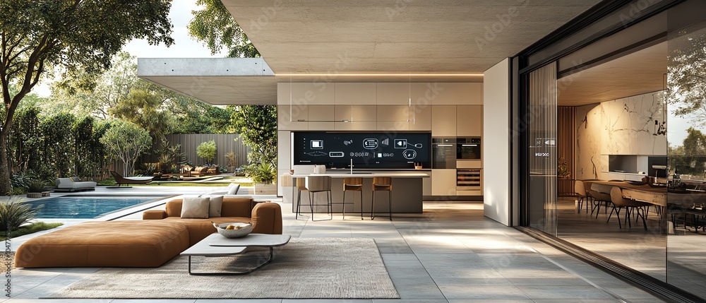 Poster modern smart home design, highlighting iot network with icons for security, lighting, and climate co