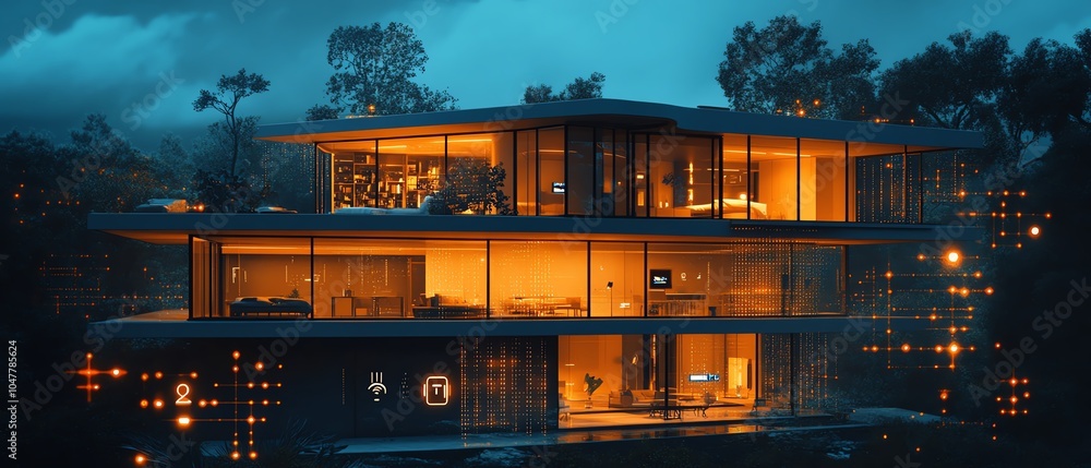 Poster modern smart home design, highlighting iot network with icons for security, lighting, and climate co