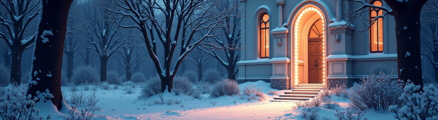 Illuminated church entrance in snowy winter forest scene