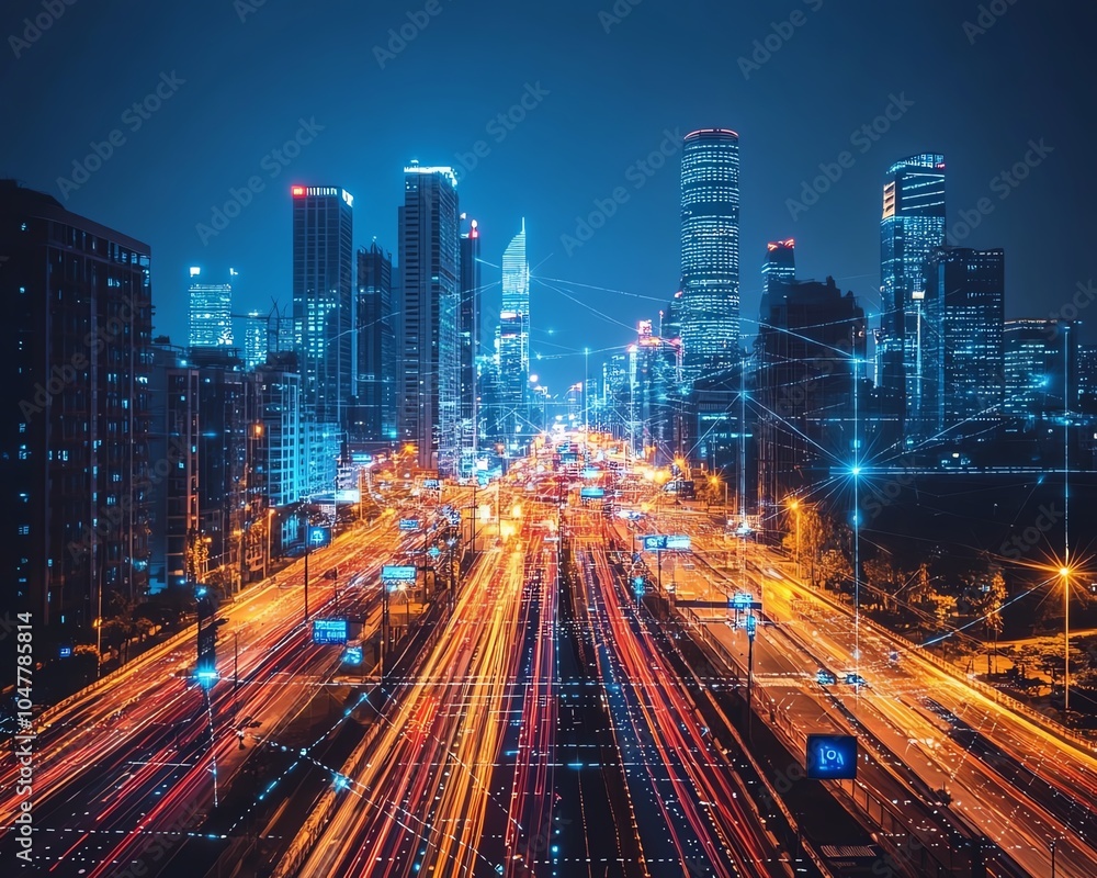 Aufkleber Smart city design with hightech buildings and IoTpowered infrastructure, managed by AI systems for traffic, energy, and resource optimization
