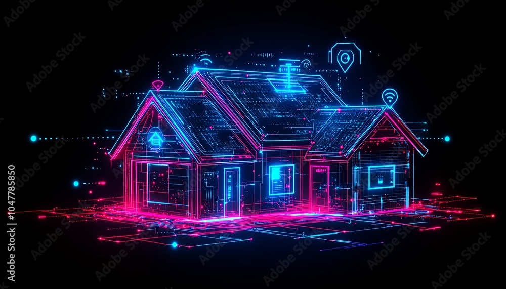 Poster Smart home and IoT concept with a futuristic house circuit connected to icons representing remote control and monitoring through a digital network