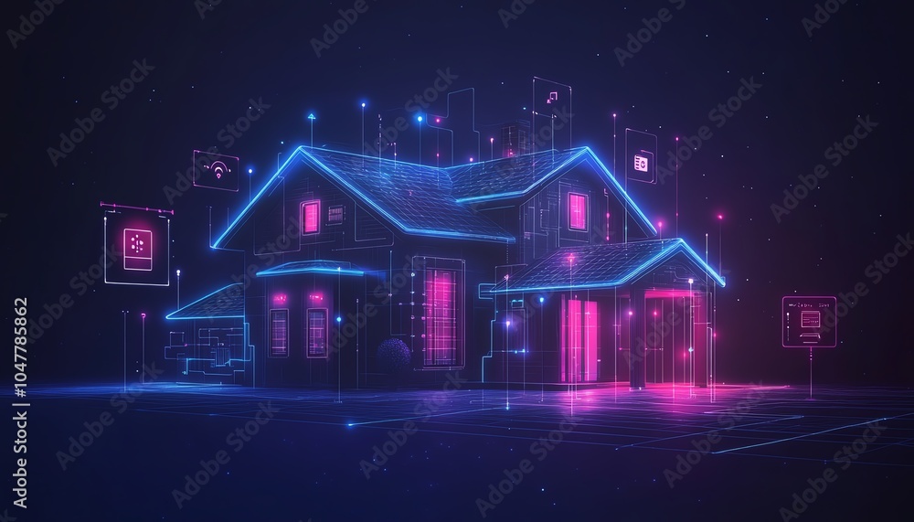 Poster Smart home and IoT concept with a futuristic house circuit connected to icons representing remote control and monitoring through a digital network