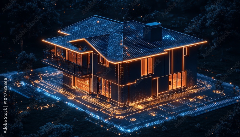 Poster Smart home and IoT concept with a futuristic house circuit connected to icons representing remote control and monitoring through a digital network