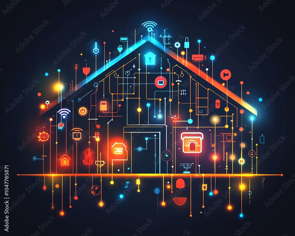 Poster smart home and iot illustration with a circuitconnected house, showcasing digital icons for energy m