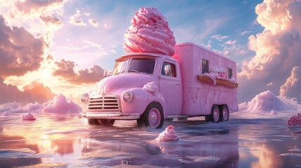 A pink vintage ice cream truck with a giant scoop of ice cream on top, driving through a dreamy landscape of pink clouds.