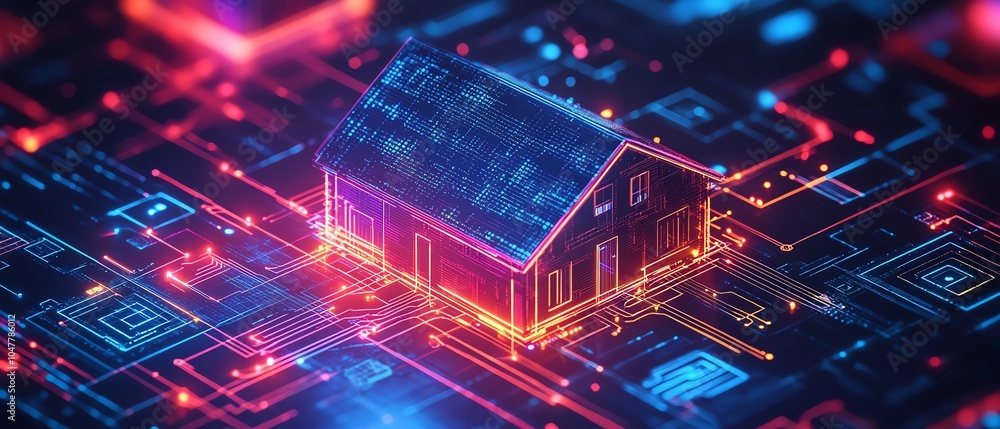 Poster Smart home illustration with interconnected IoT icons and digital circuits, showcasing remote monitoring, energy efficiency, and automation