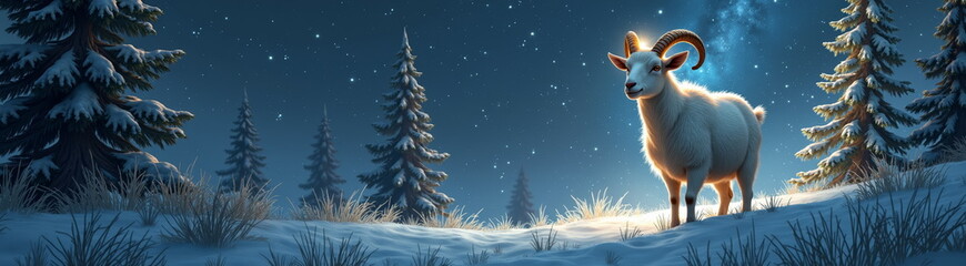 Obraz premium Majestic ram in snowy winter forest at night